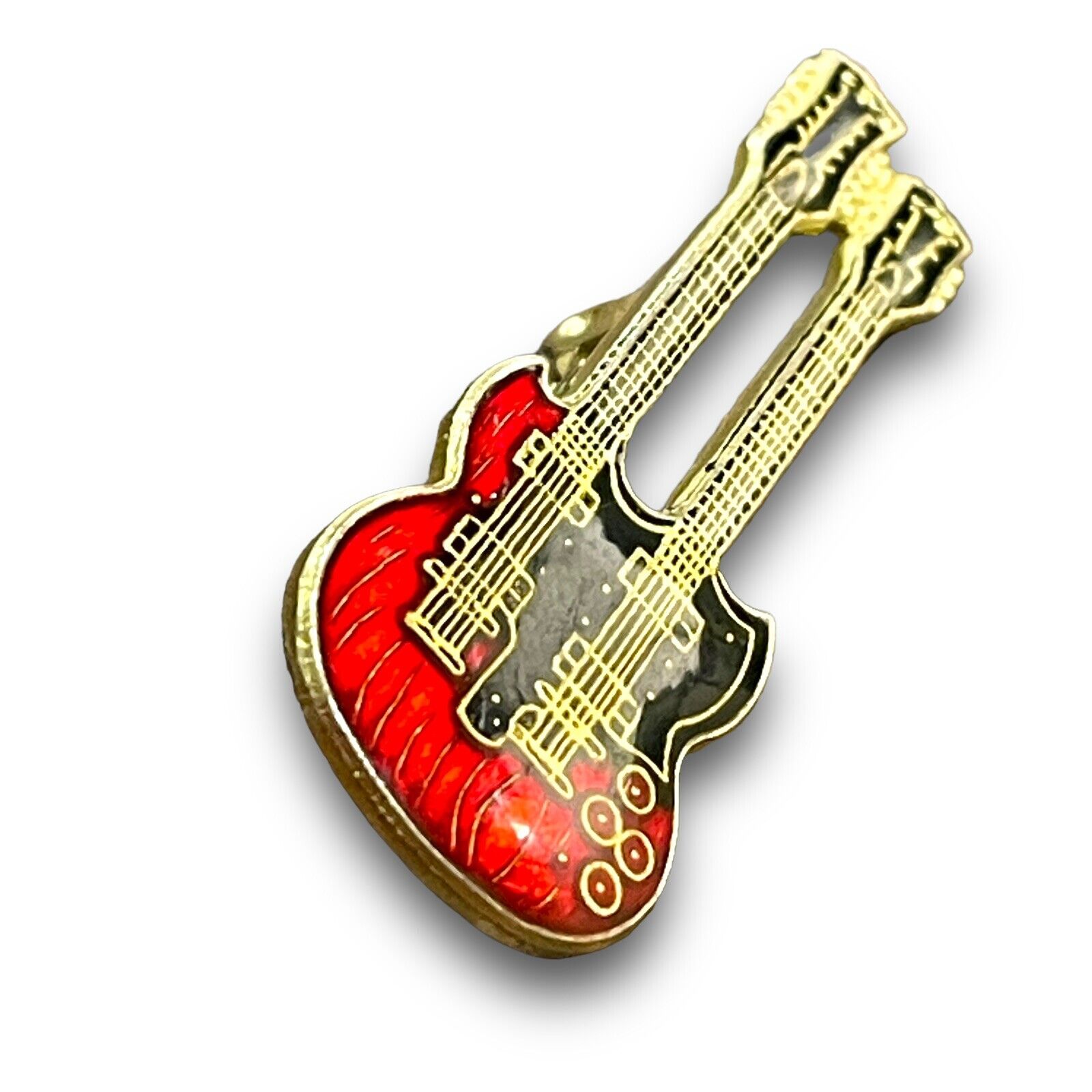 Enamel Guitar Pin Vintage Double Neck Guitar Pin Rock Band Guitar Pin Lapel Red