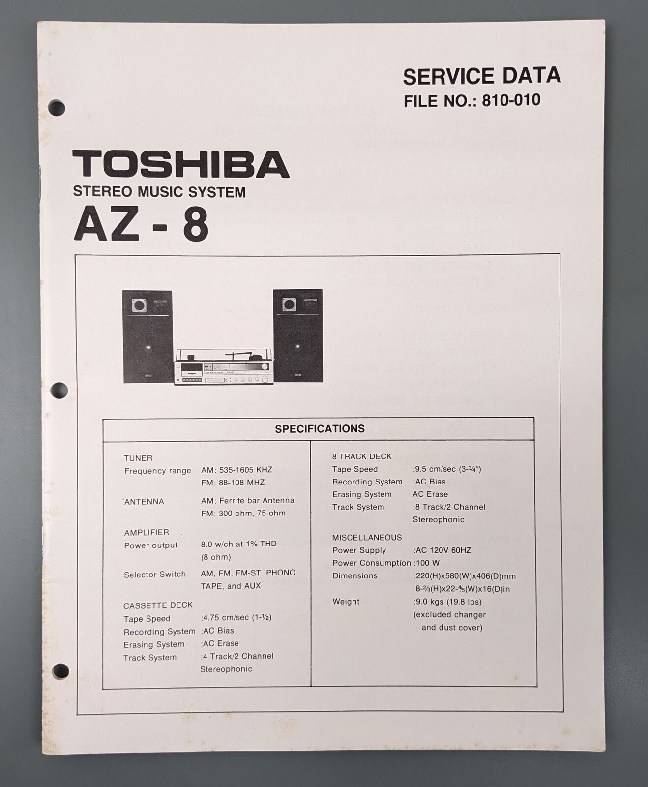 Toshiba AZ-8 VTG Original Service Manual for Stereo Music System