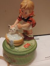 Vintage Rotating Music Box Girl Giving Kitten A Bath picture