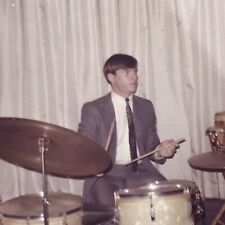 Vintage Color Photo Teen Boy Playing Drums Drumsticks Suit Tie Curtains Music  picture