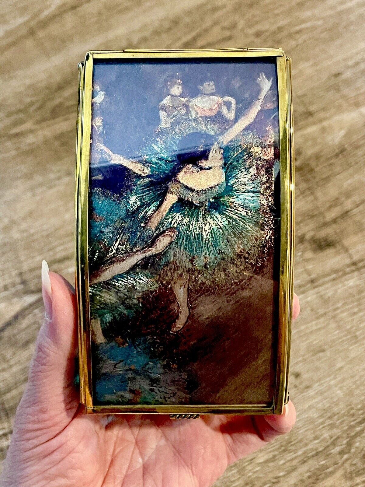 Vintage ENESCO Brass & Blue Glass Edgar Degas “green Dancer” Trinket Music Box
