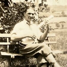 Antique Snapshot Photograph Handsome Young Man With Banjo & Argyle Socks picture