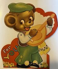 Vintage Valentine Greeting Card Bear Playing Guitar Green Hat & Pants Die-Cut 7