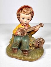 Vintage Glazed Porcelain Boy Playing Banjo on A Log W/Bunny Figurine Signed MO picture
