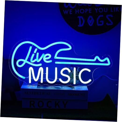 Guitar Neon Sign Blue White Live Music for Wall Decor Dimmable Guitar Music