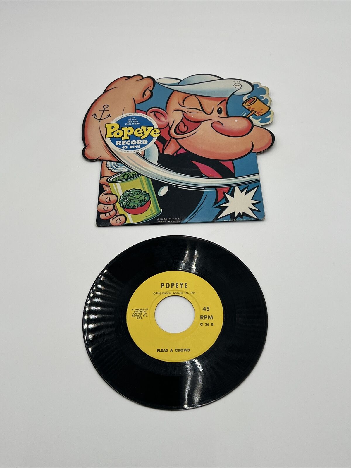 Vintage 1964 Popeye Record 45 RPM, Skin Diver & Fleas A Crowd Songs