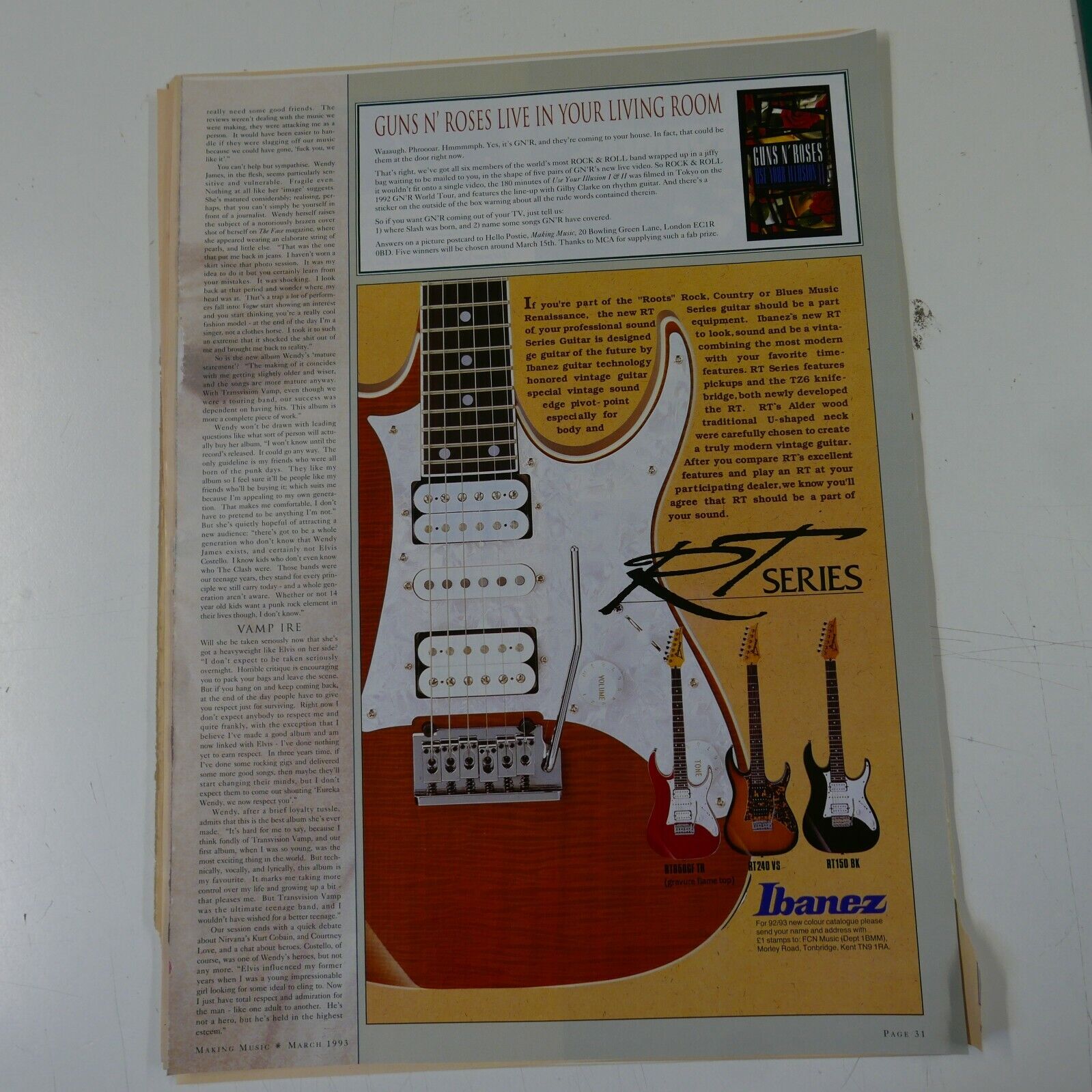 21x30cm magazine cutting 1993 IBANEZ RT GUITARS