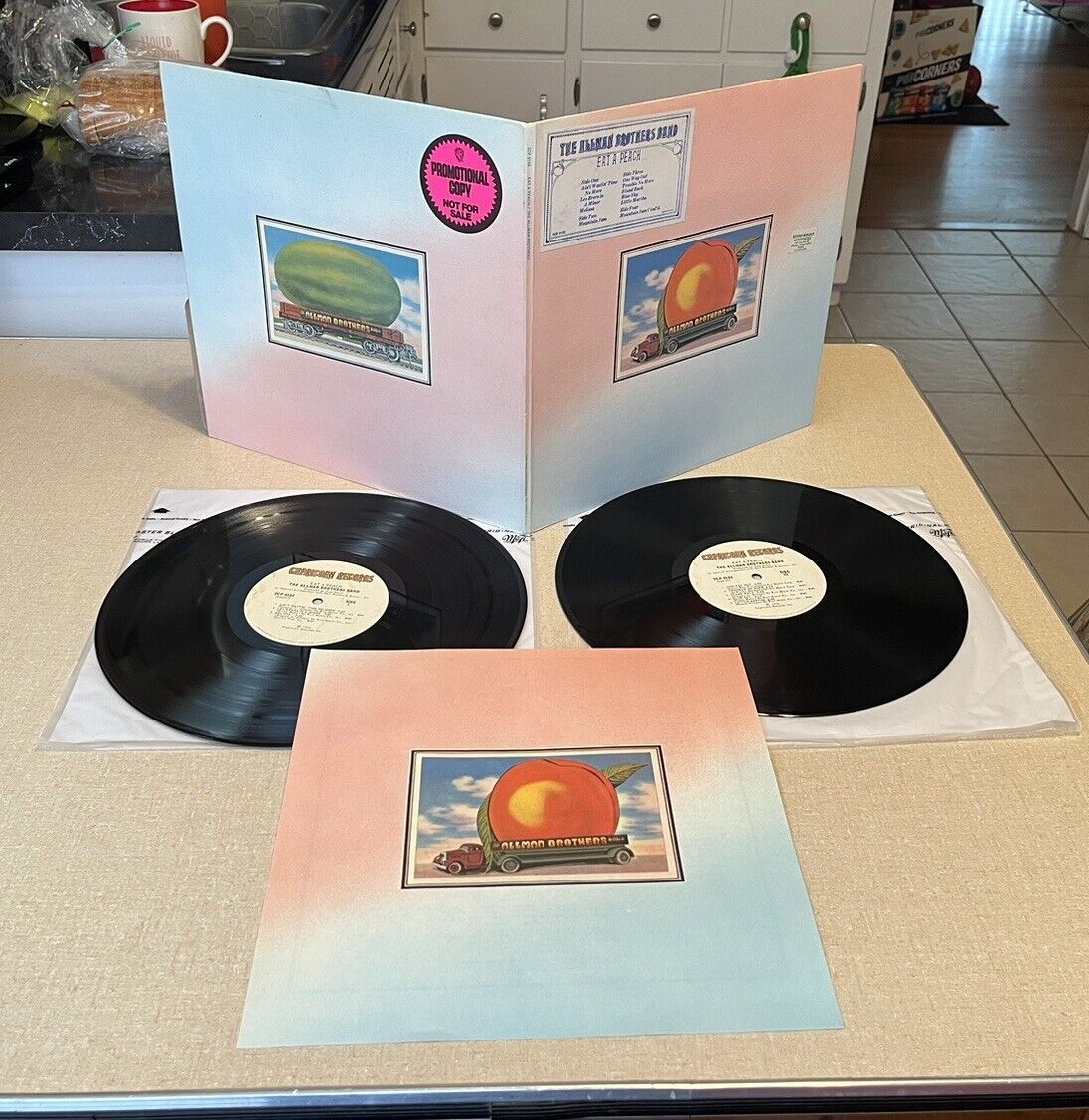 The Allman Brothers Eat A Peach PROMO LP+HYPE STICKER+Insert+Textured Cvr EX/EX
