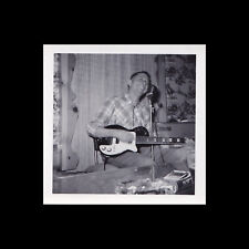Old Square Vintage Photo SMILING MAN PERFORMER WITH GUITAR AND MICROPHONE picture