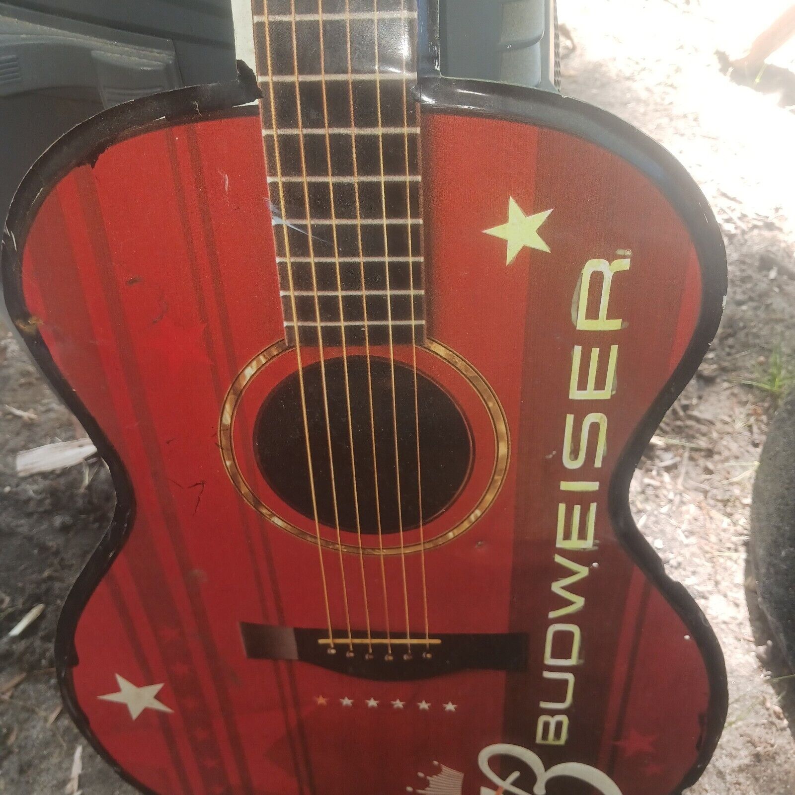 Budweiser Beer Guitar Tin Bar Sign Acoustic Red 6 String 