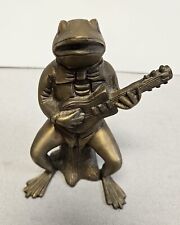 Vintage Large Heavy Brass FROG PLAYING GUITAR Band Figurine Statue MADE IN INDIA picture