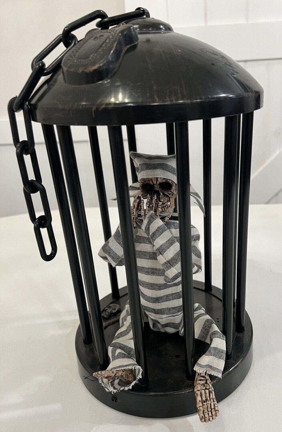 Haunted Animated Caged Skeleton Plays Harmonica Halloween Decoration TESTED