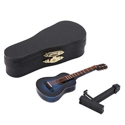  Wooden Mini Guitar Model with Holder and Delicate Box Musical 10CM Blue