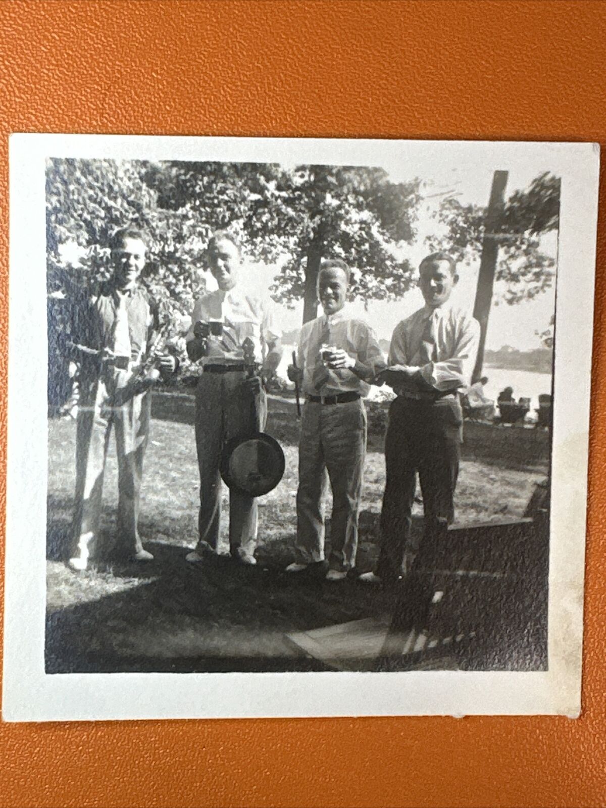VINTAGE PHOTO Original Four Men Drinking Beer, One With Musical Banjo Instrument