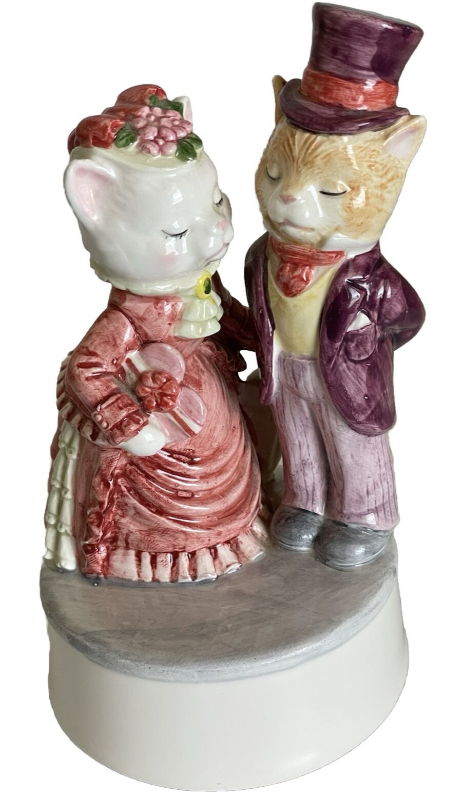 Vintage Ceramic Musical Cat Couple Figurine On Pedestal