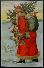 Long Red Robe  Santa Claus with Toys~Drum~Tree~Antique~ Christmas Postcard~k159 picture