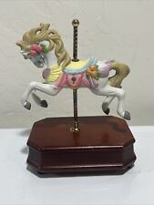 Vintage Carousel Rotating Horse Music Box Wood Base Plays'Wind Beneath My Wings' picture
