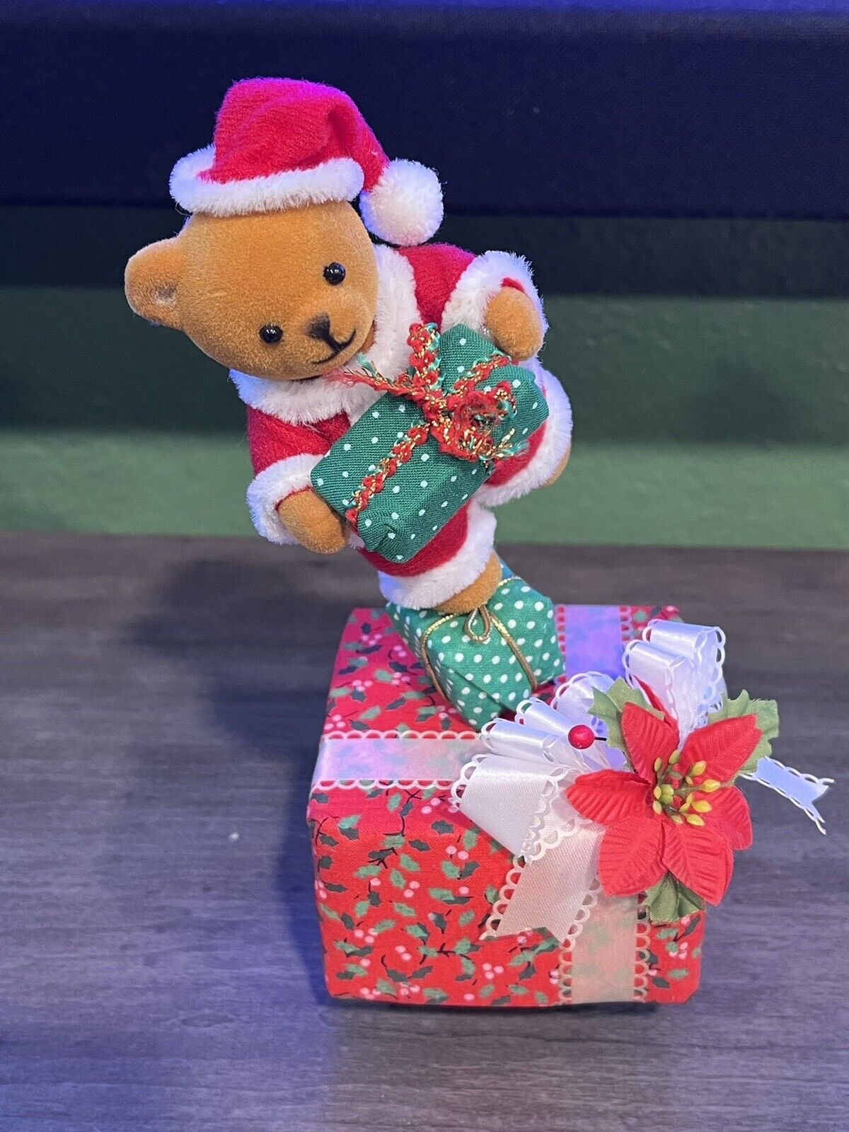 Vintage Christmas Present Music Box With Bear On Top Plays Jingle Bells