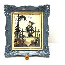 Vintage Framed Hummel Picture Boy on Fence with Raven Pull String Music Box picture