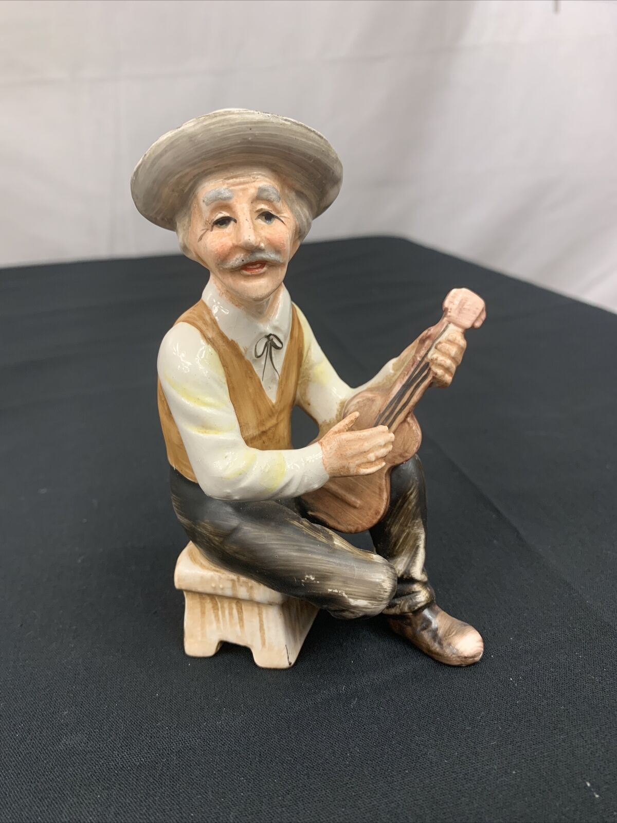 Vintage GL Perry Old Man Hillbilly Playing Ukulele Guitar Sitting Stool Bench