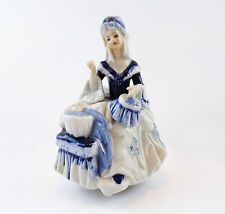 Vintage Porcelain Baroque Lady MUSIC BOX Figurine Woman Embroidering Blue White picture