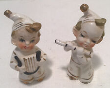 Set Of 2 Vintage Napco Figurines Pixies Musicians White/Gold Harmonica Flute picture