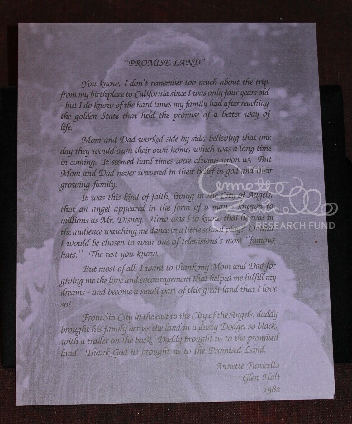 Annette Funicello Personal Property 1982 Promised Land Lyrics Tribute to Parents