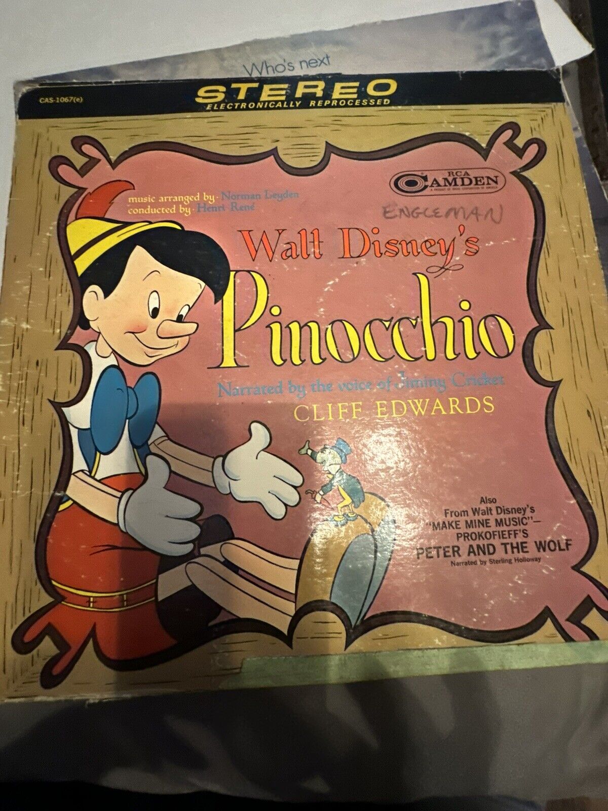 Walt Disney's Pinocchio 1965 RCA Camden Mono - Vintage Children's Vinyl Record