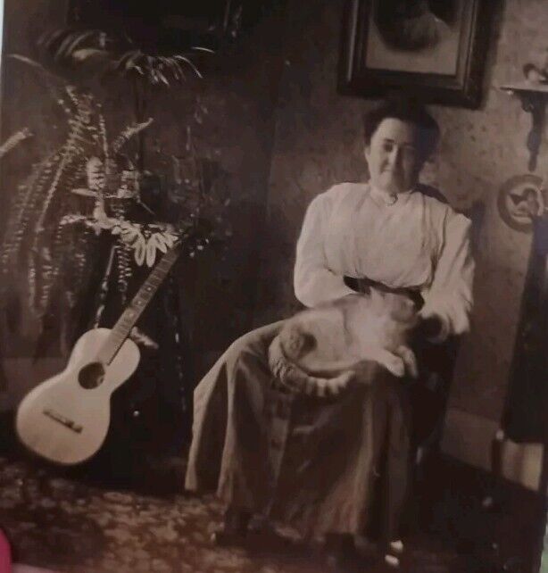 Original Antique Photo Cute Lady Musician With Guitar Holding Large Cat 100+ Yrs
