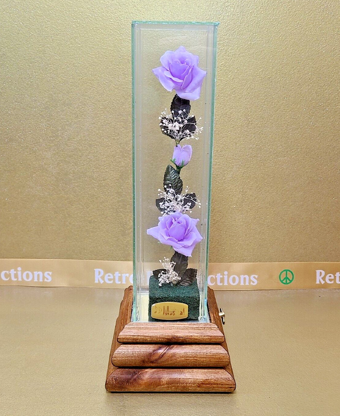 Vintage Music Box Purple Roses In Glass -see video