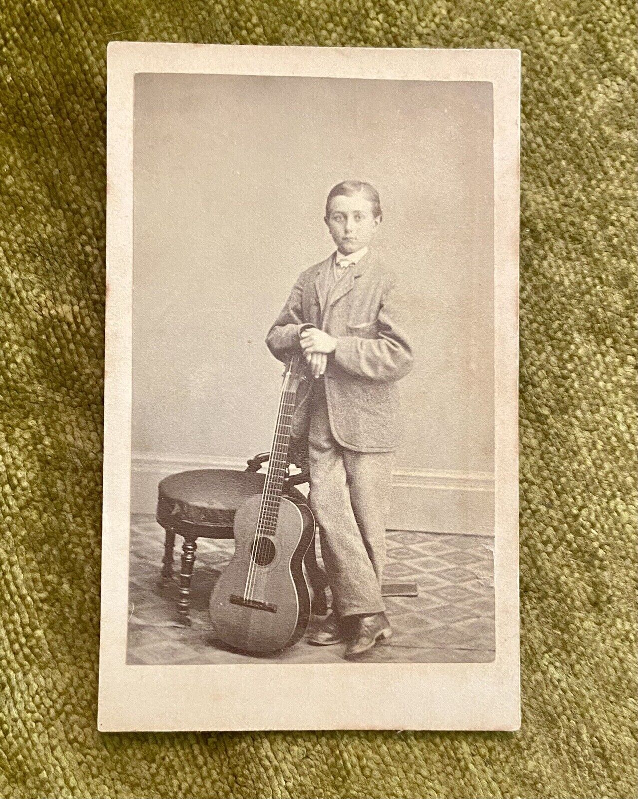 Antique CDV Photo Young Boy in Suit Posing With Classical Guitar