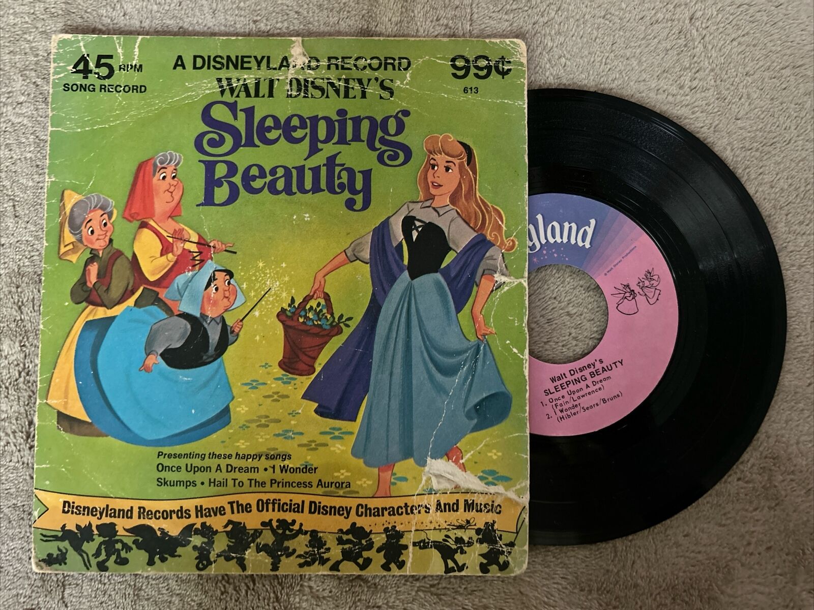 Vintage 1975 Walt Disney Sleeping Beauty Vinyl Record 613, 45 RPM