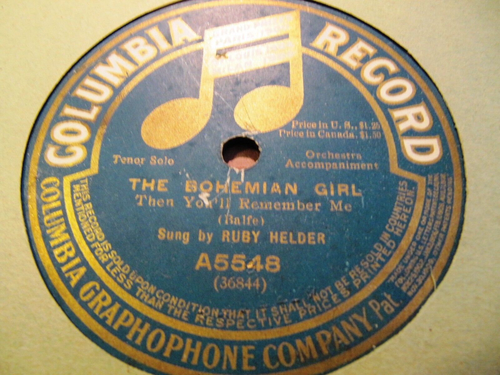 1912 THE GIRL TENOR Ruby Helder Dear Love remember me/ Bohemian Girl COL A5548