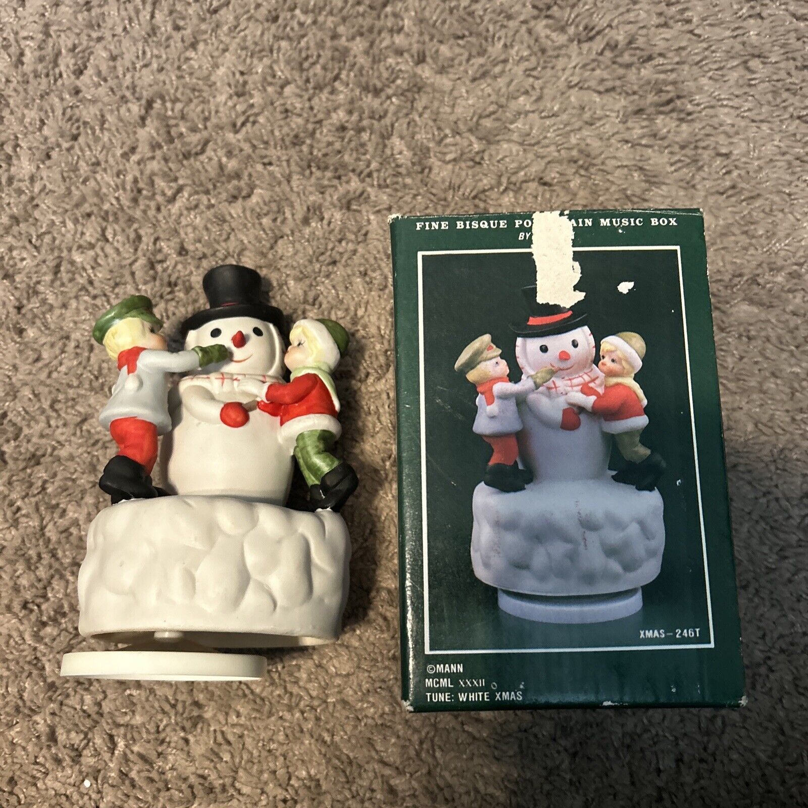 1982 Vintage Music Box Figurine Snowman White Christmas Taiwan XMAS 246T