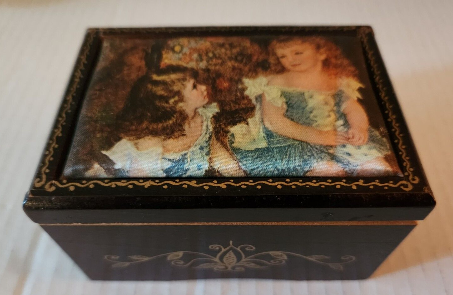 Vintage Linden Wooden Music Box, Pillow Top The Charpentier Children.