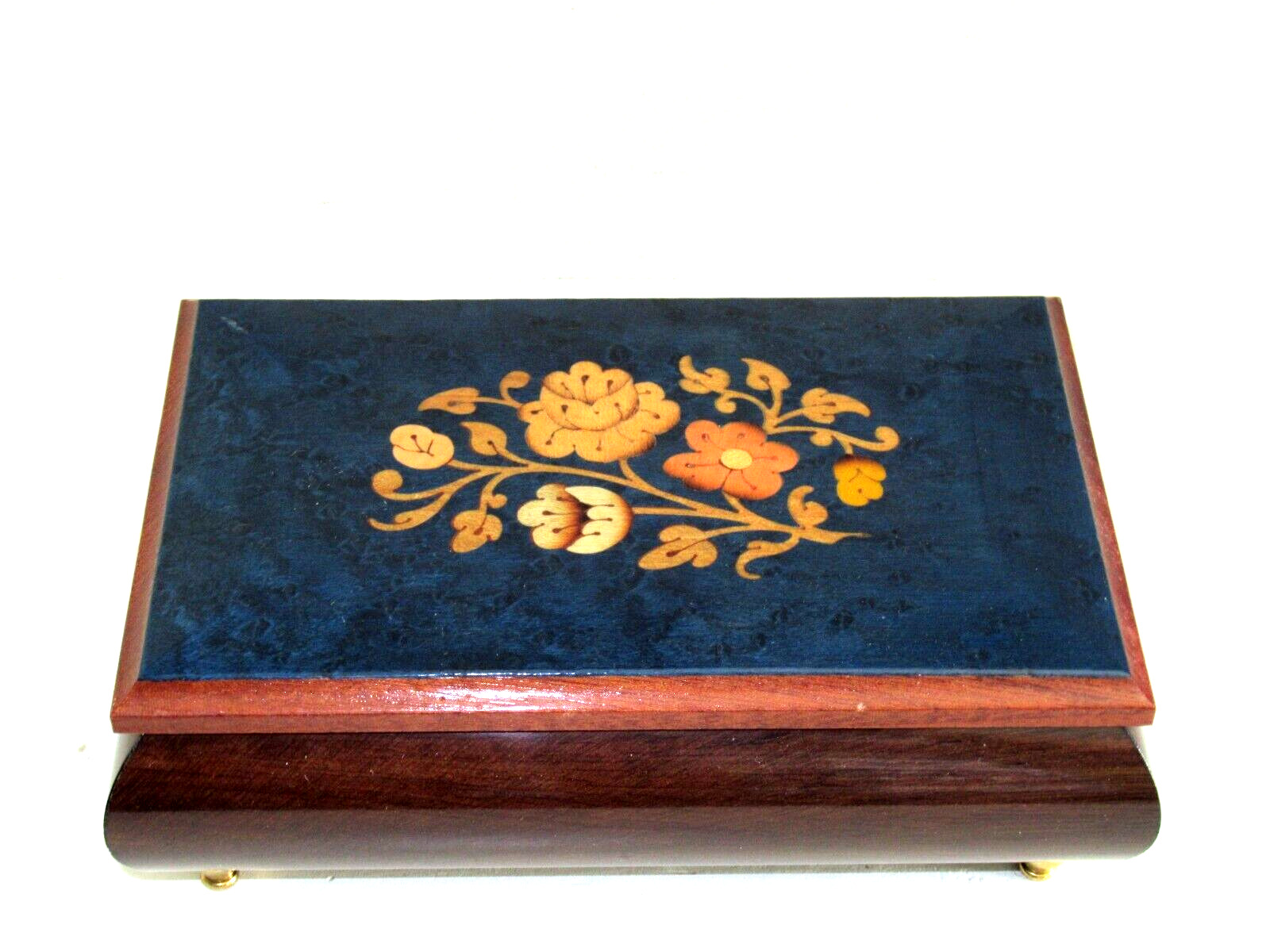 Vintage 1960\'s Blue Italian INTARSITALIA Musical Jewelry Box Wood Inlay