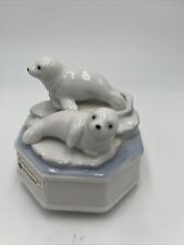 Vintage Otagiri Music Box Porcelain Edelweiss 2 Baby Seals White. Japan picture