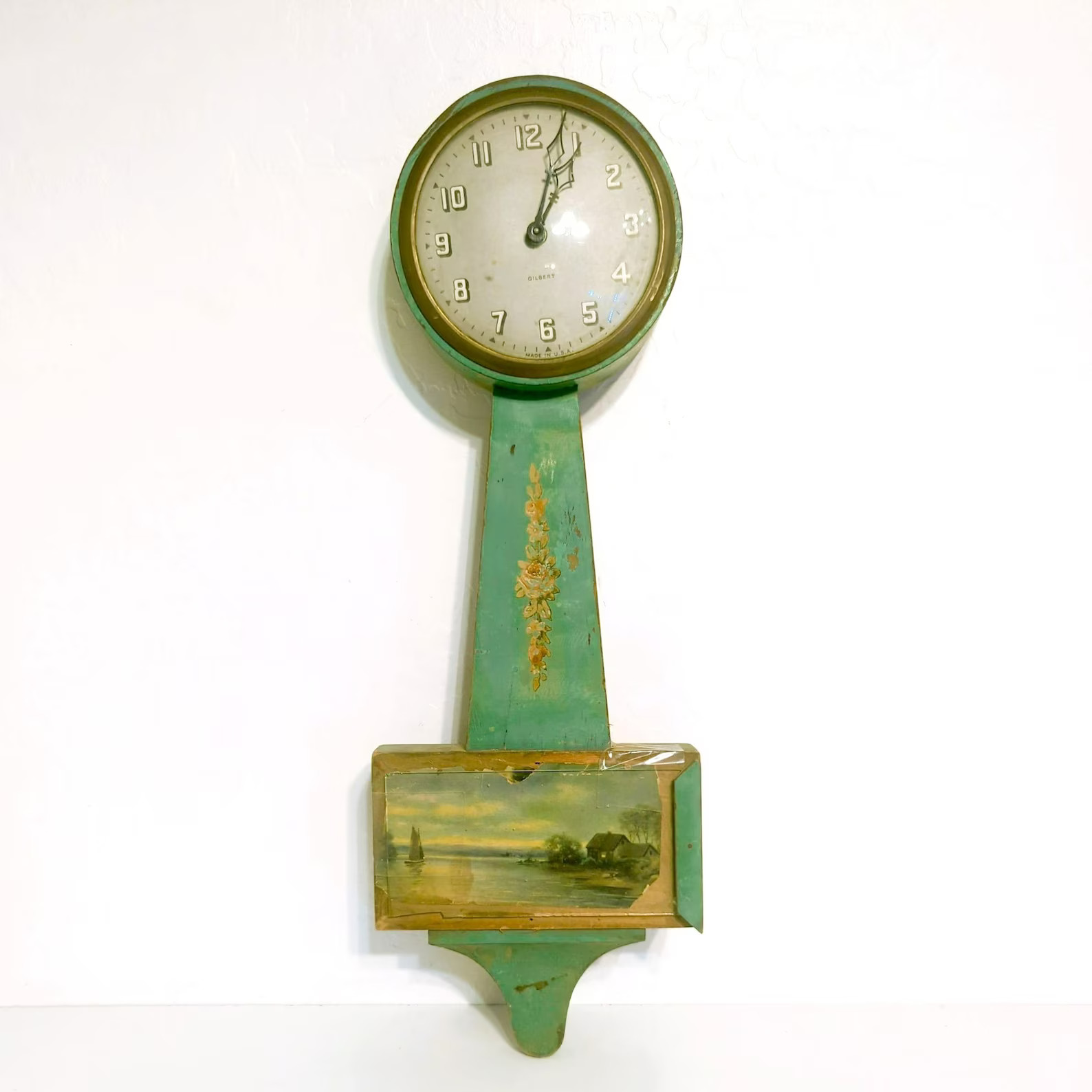 Vintage Gilbert Banjo Green Wall Clock 3707 Made USA For Parts or Repair 22-Inch