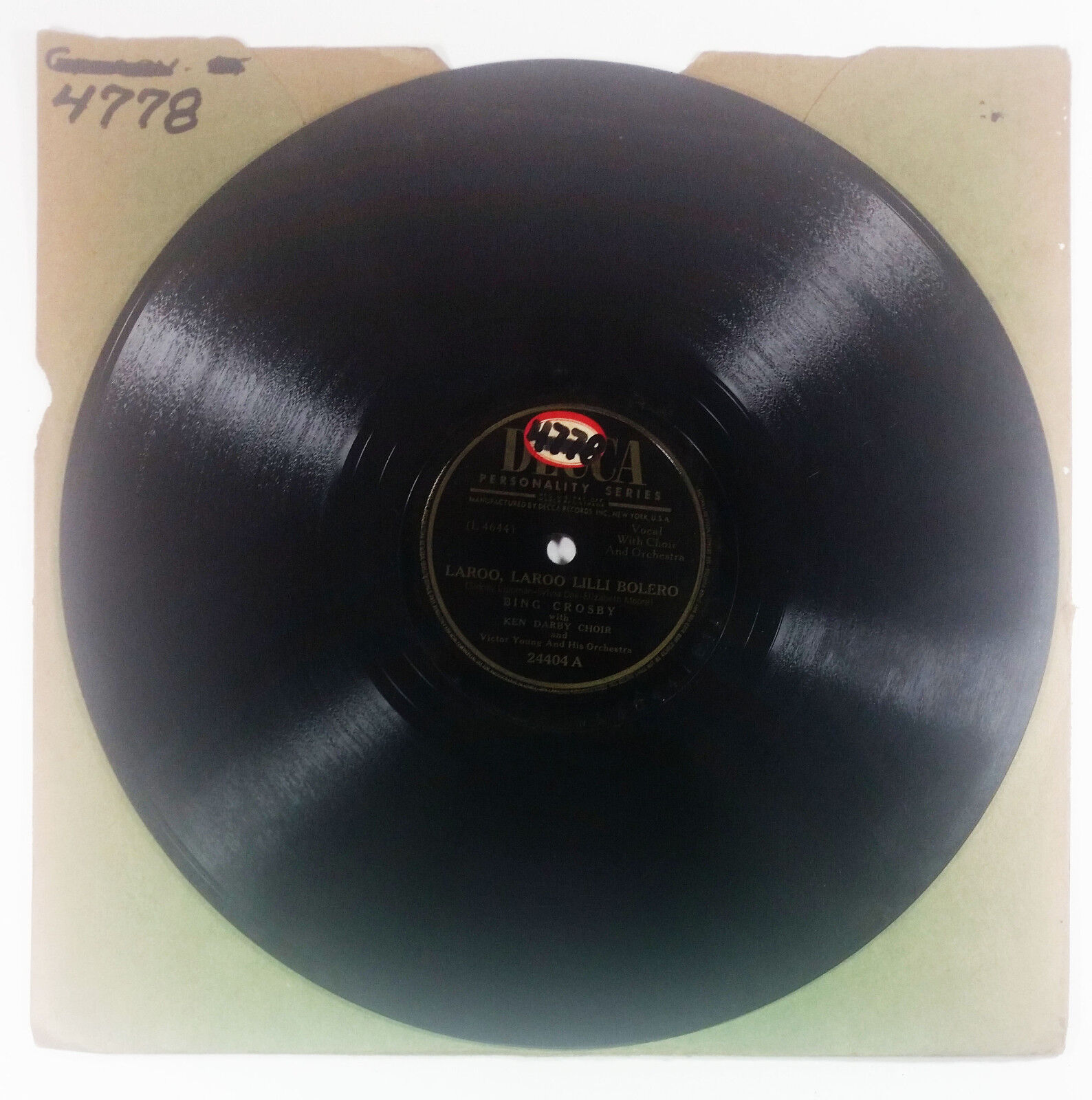 Bing Crosby Ken Darby Choir Story of Sorrento Laroo Bolero Record 10in Vintage