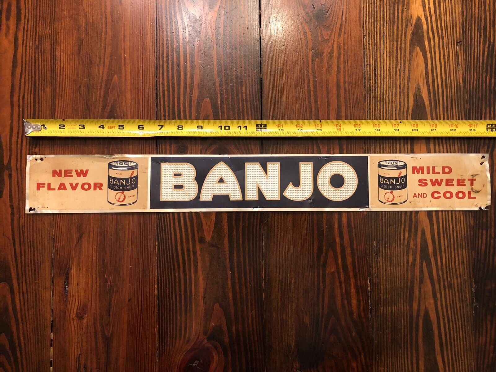 Vintage 60’s Sign Banjo Snuff Tin Tacker 