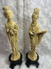 Vintage Carved Chinese Asian Geishas One With Roses And One With A Ruan Guitar 2 picture