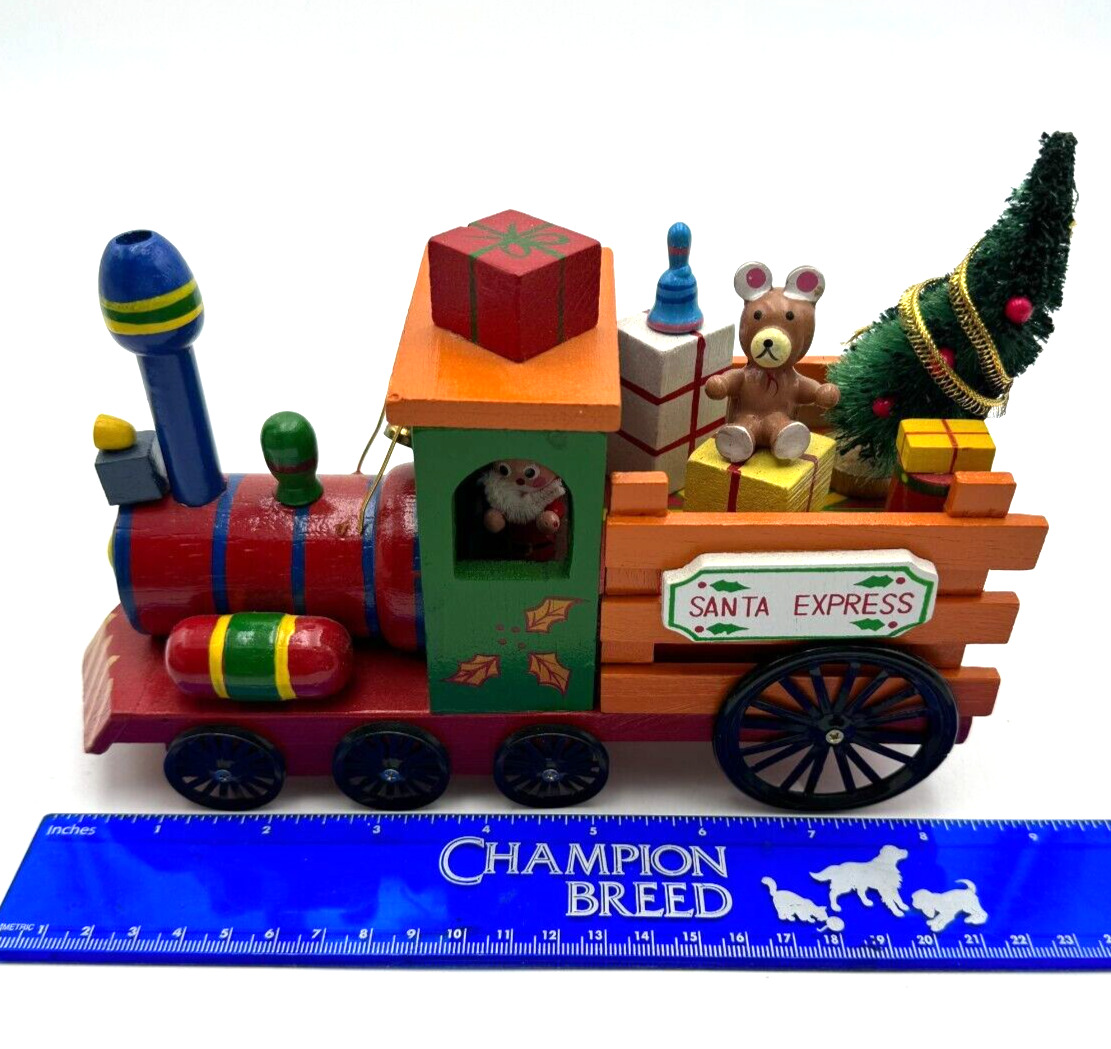 Vintage Music Box Wood Santa Express Wood Train Locomotive Deliver Toys Tree Red