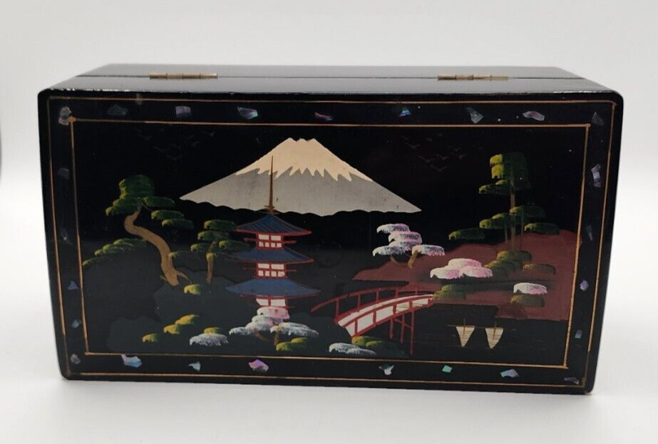 Vintage Japanese Black Lacquer Abalone Music Jewelry Box With Key- Missing 1 Lid