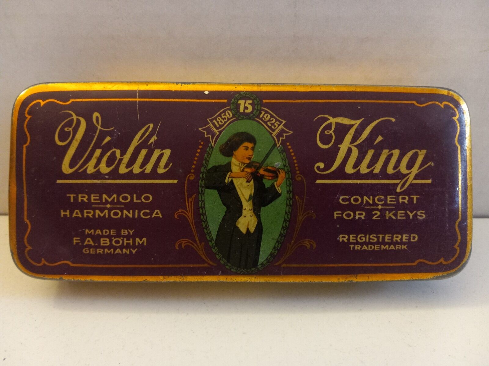 ANTIQUE VIOLIN KING TREMOLO CONCERT HARMONICA TIN By F.A.BOHN GERMANY