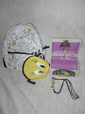 Vintage 1997 Looney Tunes Tweety Bird Jewelry Music Box Bookbag and Necklace picture