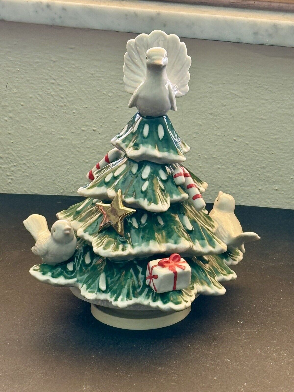 Vintage Ceramic Decorated Dove Christmas Tree Music Box Figurine 1970s