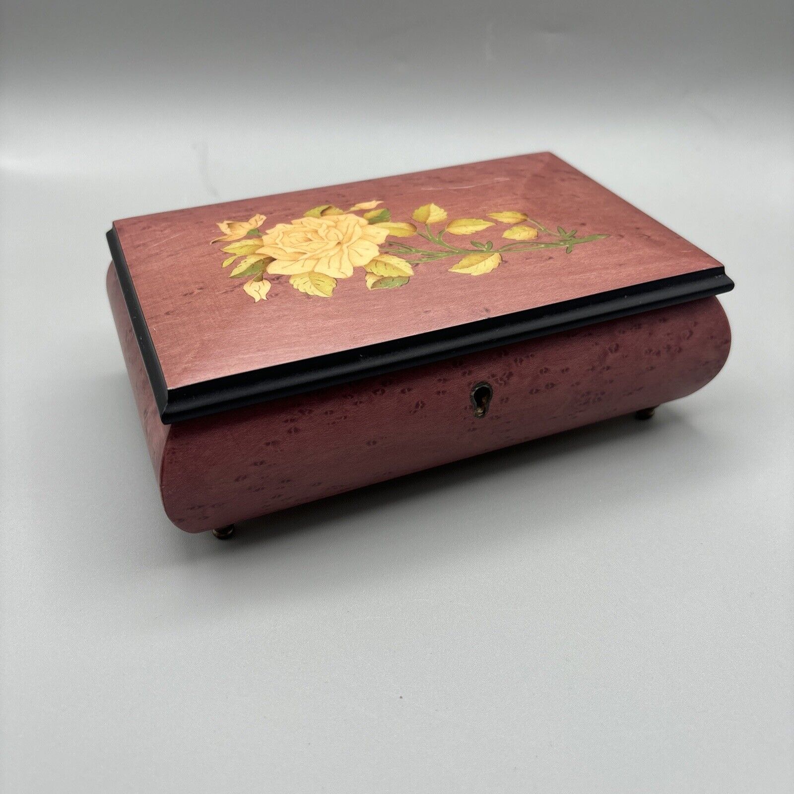 Working Vintage Music Box Italian Wood Inlay.  Rose Tone Wood - No Key