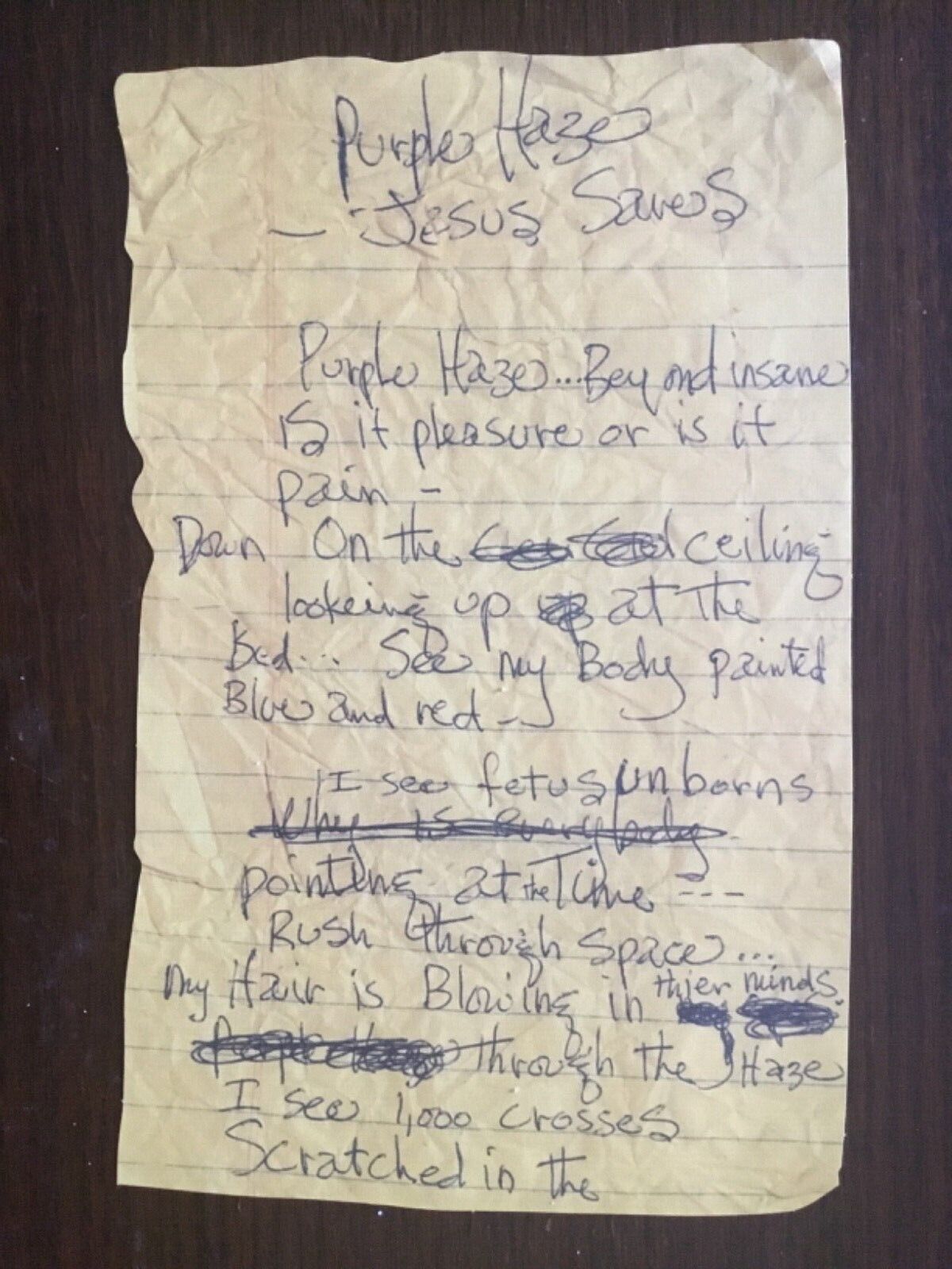 HAND WRITTEN NOTES BY JIMI HENDRIX FOR ‘PURPLE HAZE’ SONG *(Reproduction)*