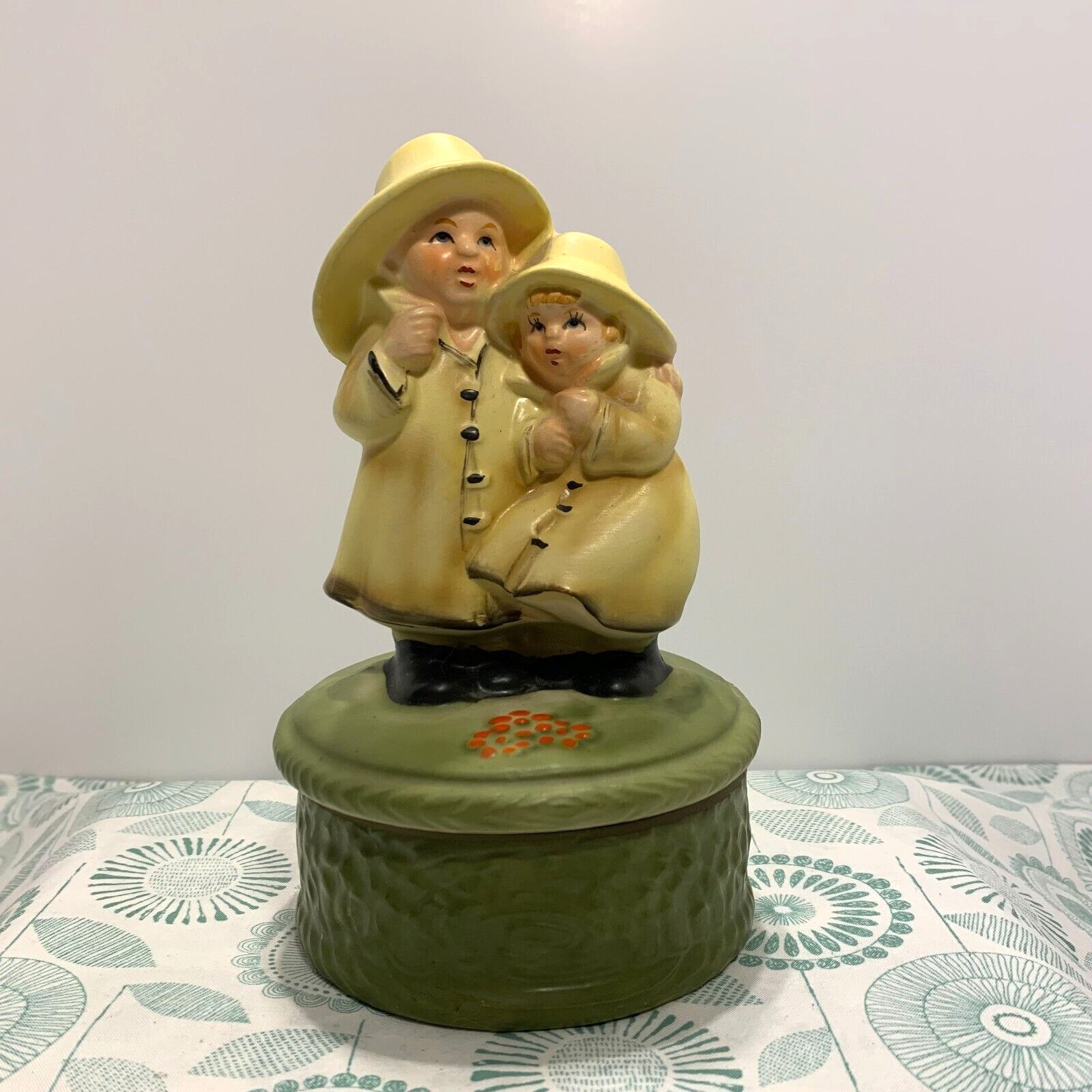 Vintage Ceramic Music Box Children In Yellow Raincoats Raindrops Keep Falling...