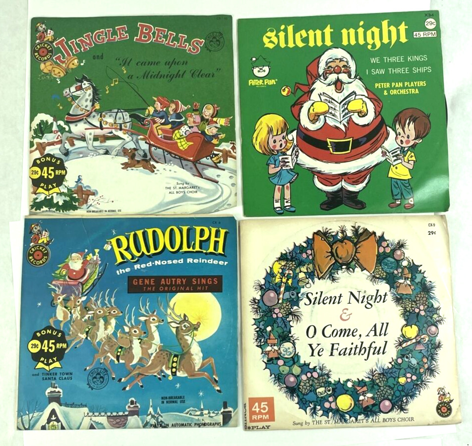 Lot of 4: Vintage 45 RPM Christmas Records, Silent Night, Jingle Bells, Rudolph